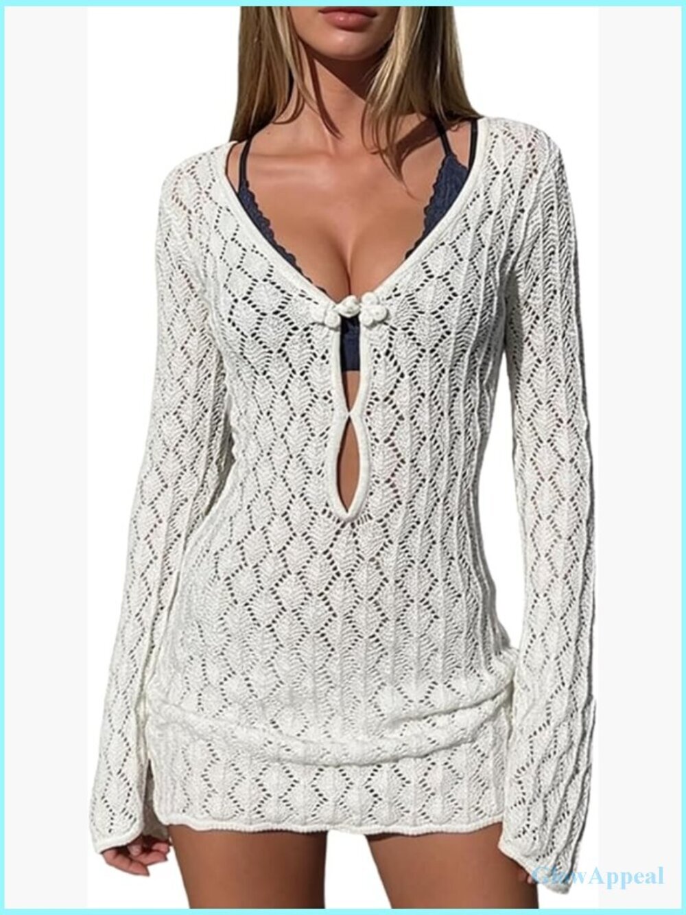 Women's Crochet Mini Dress Swimsuit Coverup Long Sleeve V-Neck